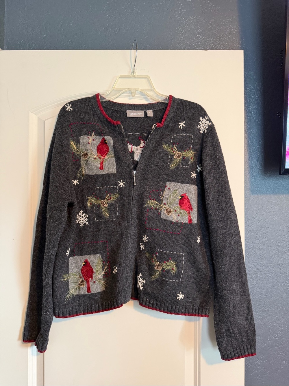 Gray Women's Cardigan Sweater with Red Cardinal Embroidery Croft & Barrow